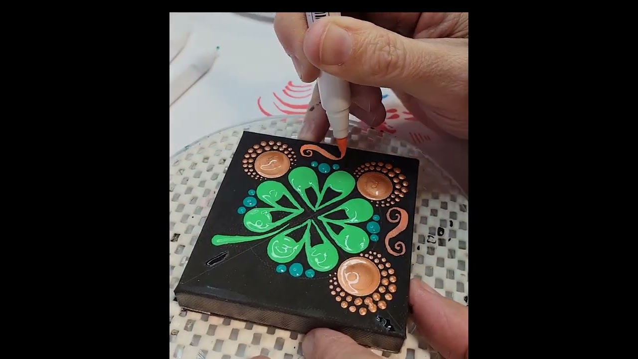 Short: 4 leaf clover Painting on Mini Canvas ~ St. Patrick's Day Art Mandala by Miranda Pitrone
