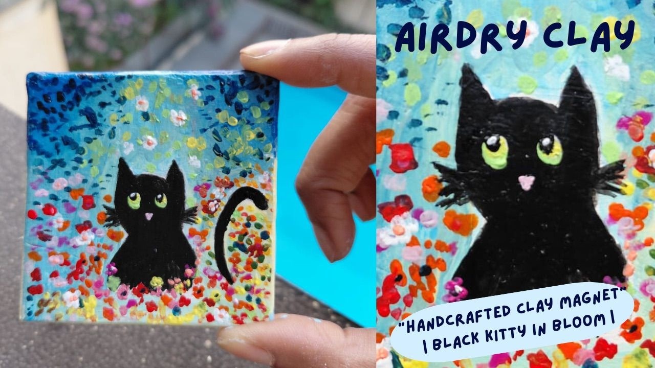 Black Kitty in a Flower Garden | Handmade Air Dry Clay Magnet.