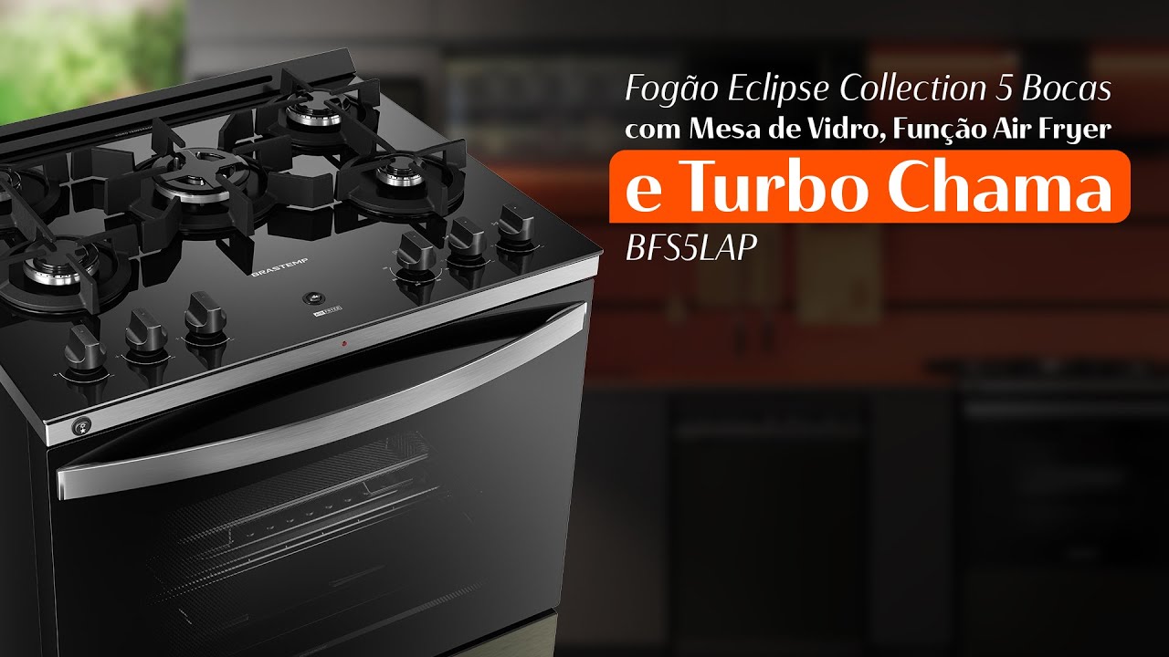 Comercial Brastemp - Fog&atilde;o Eclipse Collection 5 Bocas com Mesa de Vidro, Fun&ccedil;&atilde;o Air Fryer - BFS5LAP