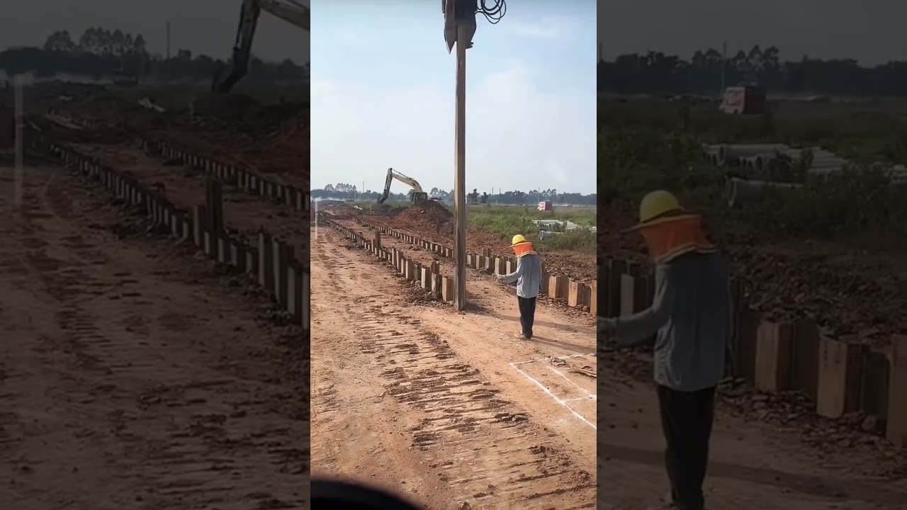 High frequency hydraulic vibratory pile driver, excavator modified pile driver, extended arm down th