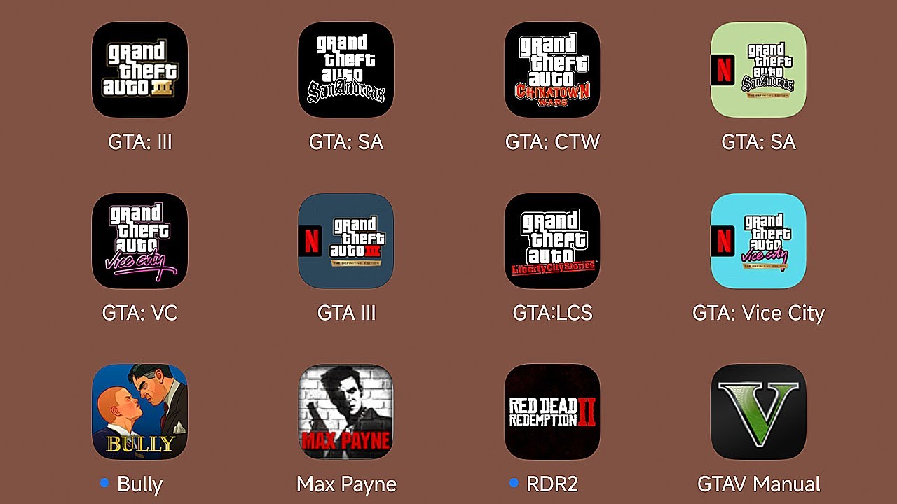 Grand Theft Auto III,GTA San Andreas,GTA Chinatown Wars,GTA SA: Definitive Edition,GTA Vice City