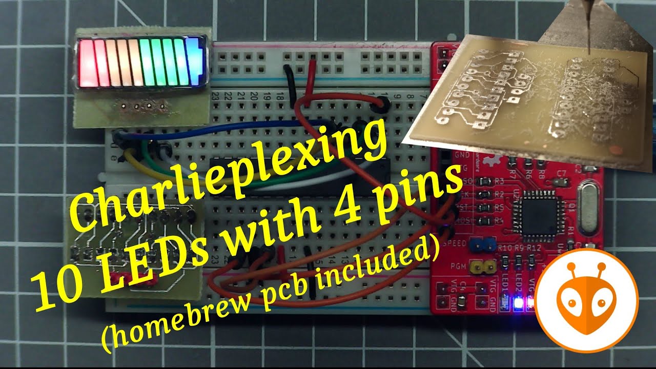 Charlieplexing - 10 LEDs from 4 pins including homebrew pcb