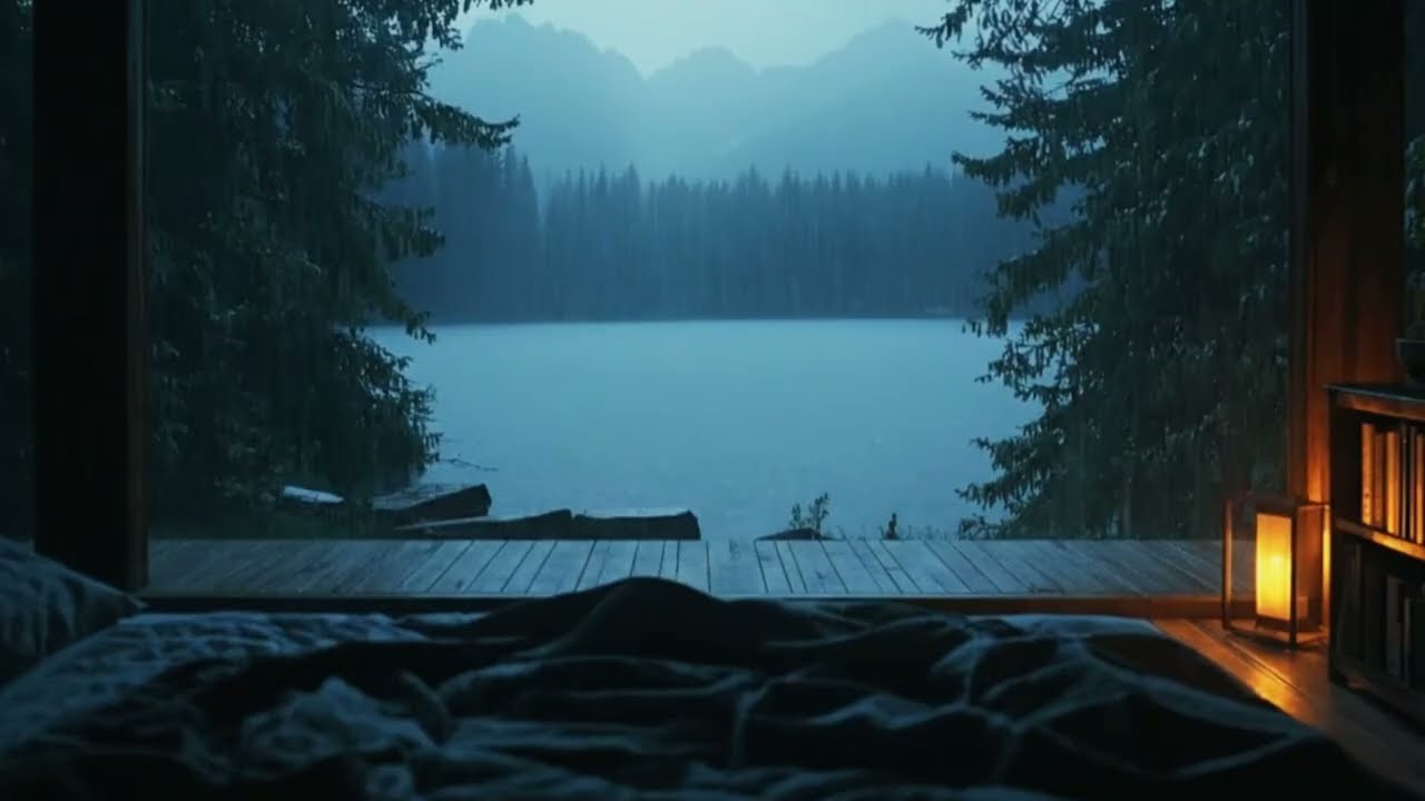 Cozy Night Rain Ambience | Lake, Mountains & Gentle Rain for Sleep and Meditation