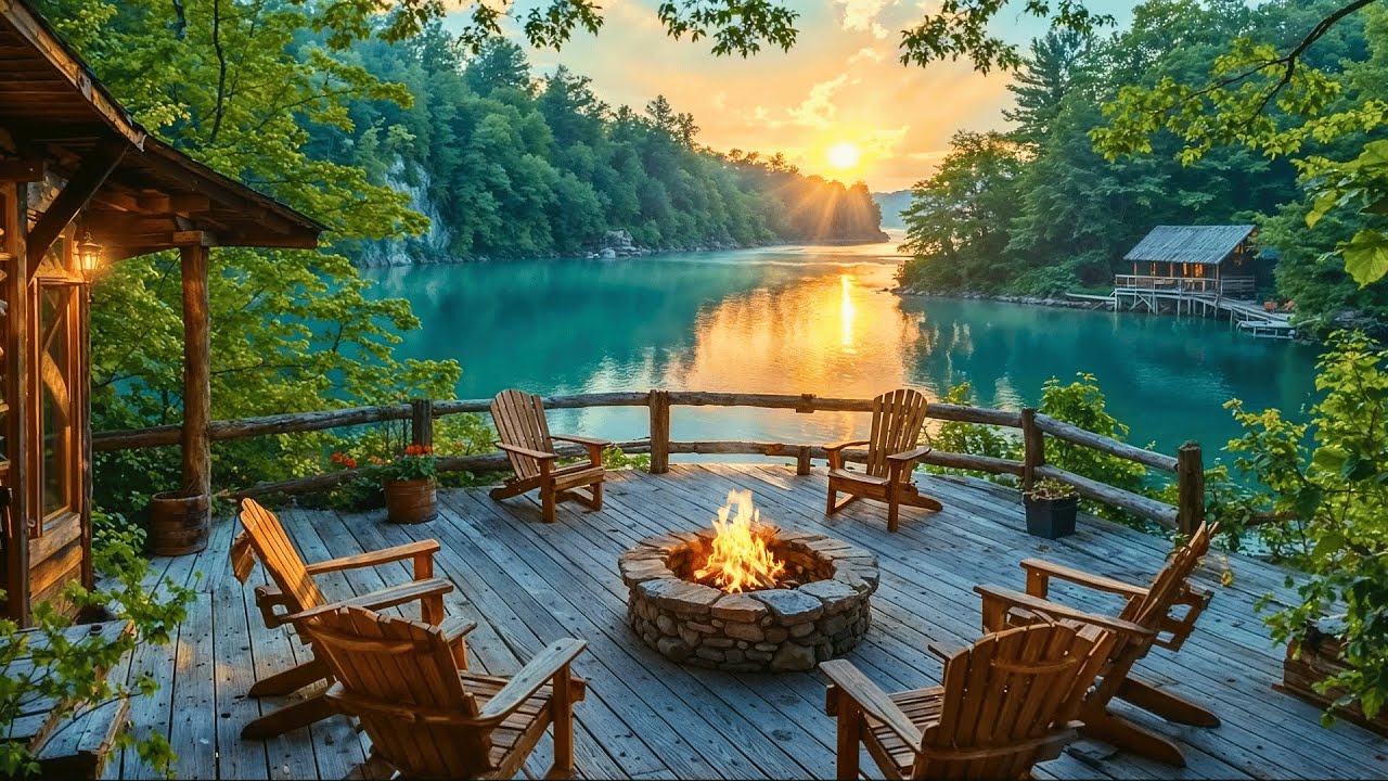 Cozy Lakeside Cabin Porch Vibes – Morning Campfire & Spring Nature’s Perfect Soundscape
