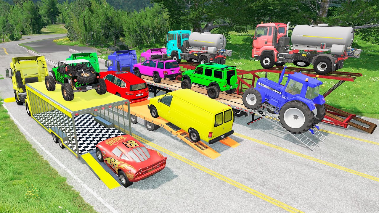 Flatbed Truck Mcqueen | Transportation with Truck - Pothole vs Car #18 - BeamNG.Drive