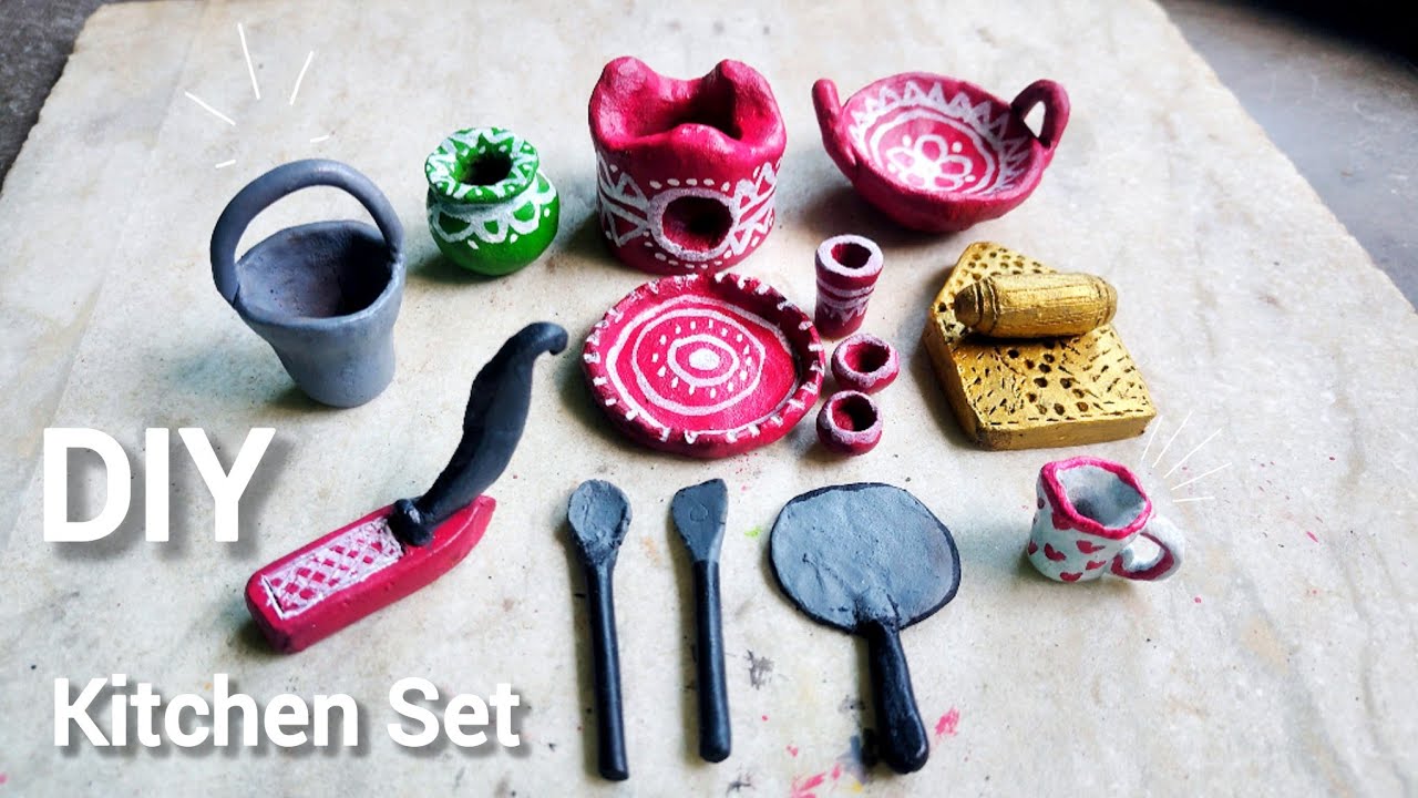Amazing technique make handmade kitchen set with clay || miniature clay kitchen set || kitchen tools