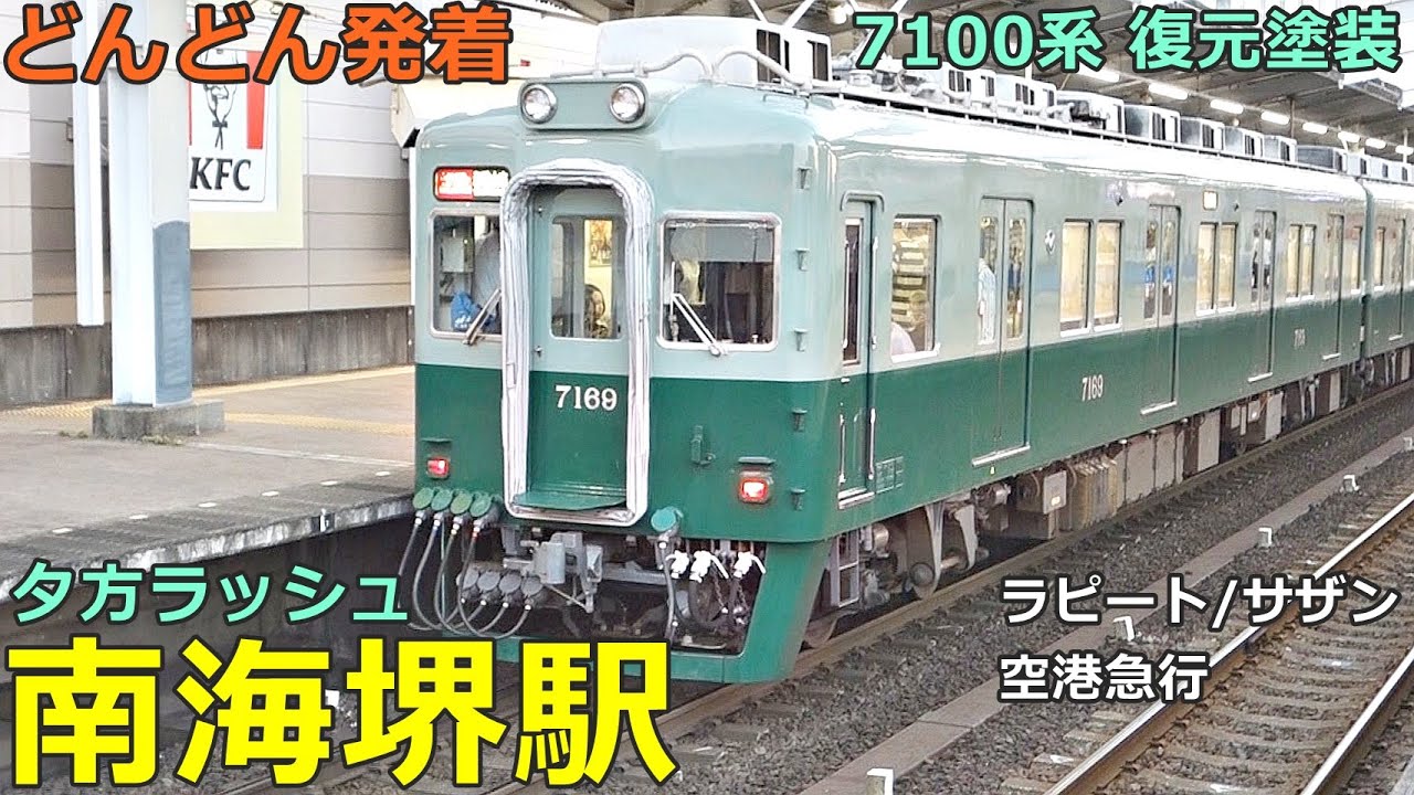 南海堺駅 2🚃どんどん電車が発着！●7100系 復元塗装／特急 サザン・ラピート、空港急行 等（夕方ラッシュ 南海本線）