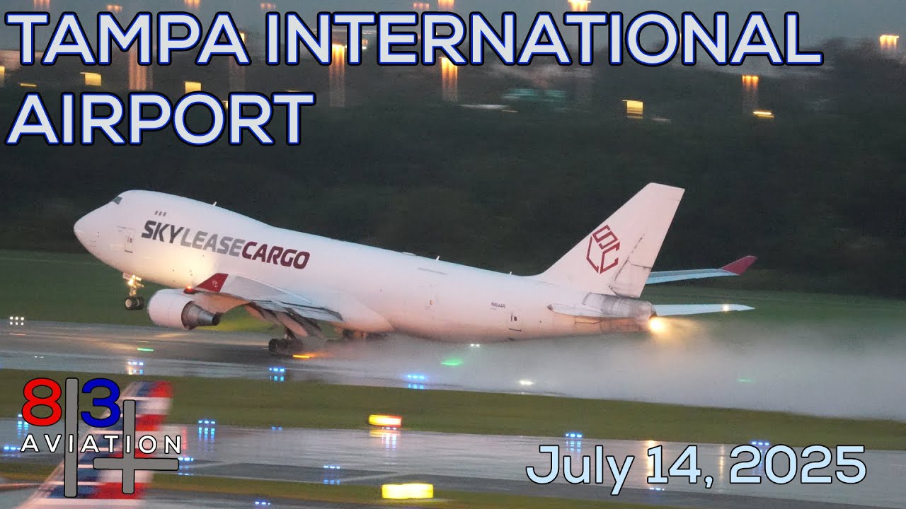 3 heavy departures from a rainy Tampa International Airport.  A340, 747, and  777.  7 /14/25  (4K)