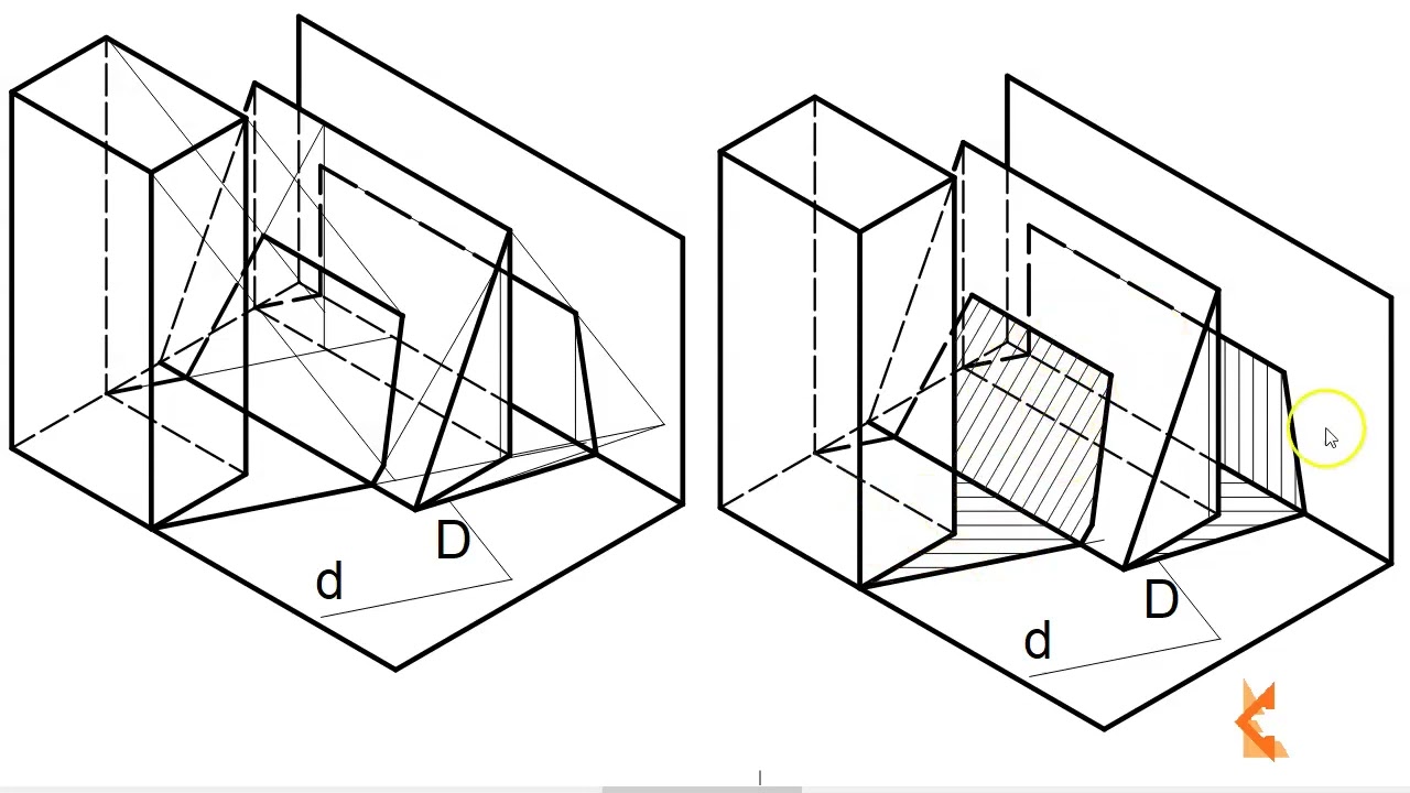 Sombras propias y arrojadas en isométrica de unos cuerpos sobre otros.