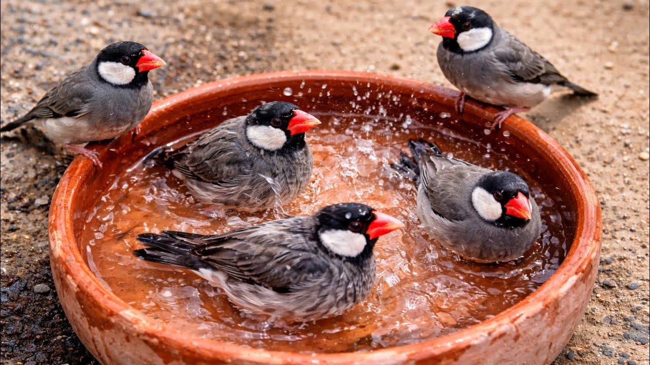 Java Finch ke nahane ke liye pani ka bartan rakh dia hai