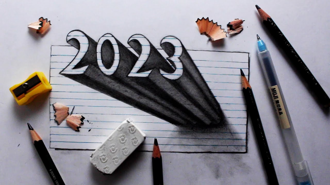 How to Draw 2023 Numbers 3D Trick Art on Line Paper