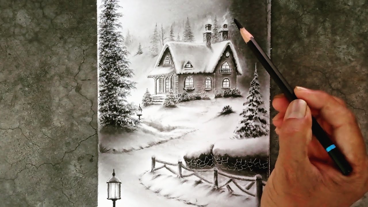 Winter season night mode house Landscape drawing easy ways / Charcoal pencil art /