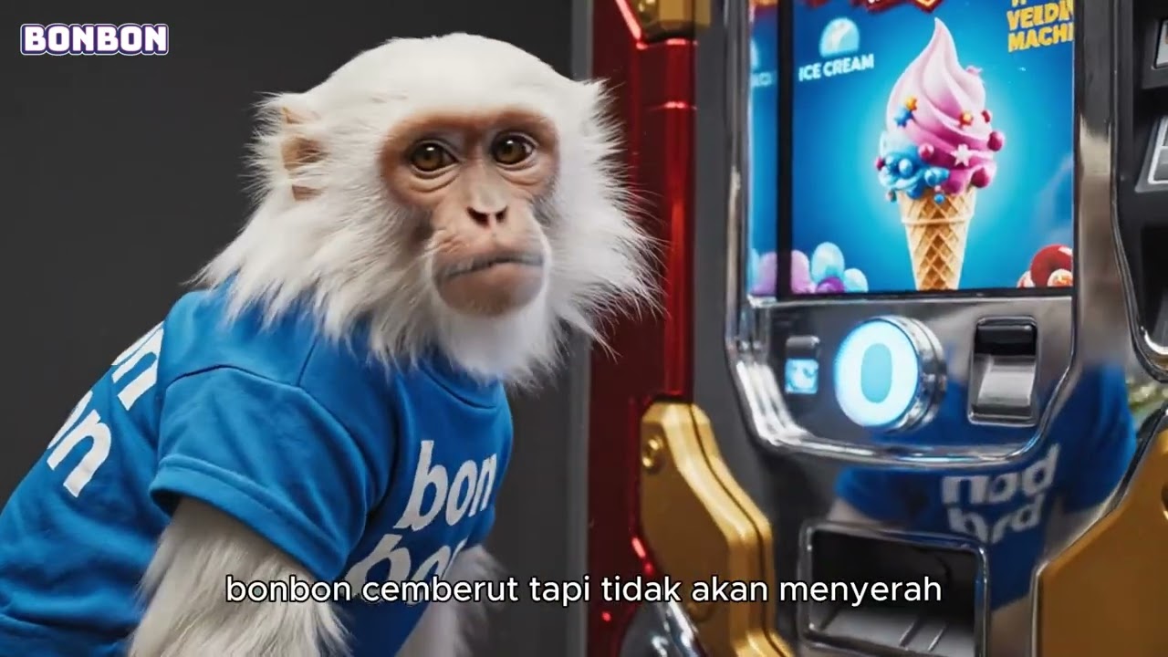 Cute Bon Bon Monkey Delights in Rainbow Ice Cream from a Superhero Vending Machine