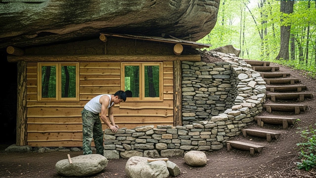 CEO builds house under giant rock in deep forest - start to finish