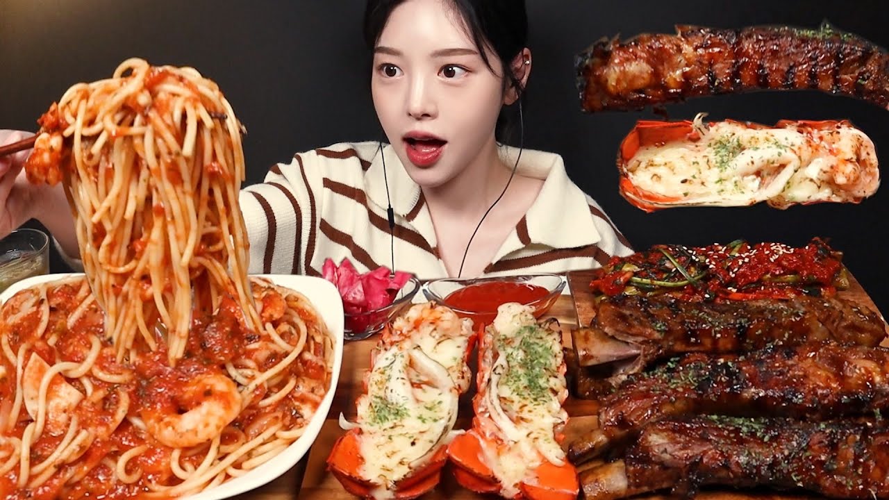 SUB)탱글한 치즈랍스타에 대왕 바베큐폭립 먹방! 매운 국물파스타까지 양식 꿀조합 리얼사운드 Lobster & Ribs Mukbang Asmr