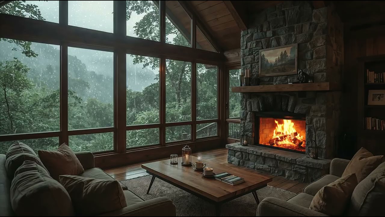 You Found the Coziest Getaway Cabin in the Jungle | 3 Hours of Rain & Fireplace (4K)