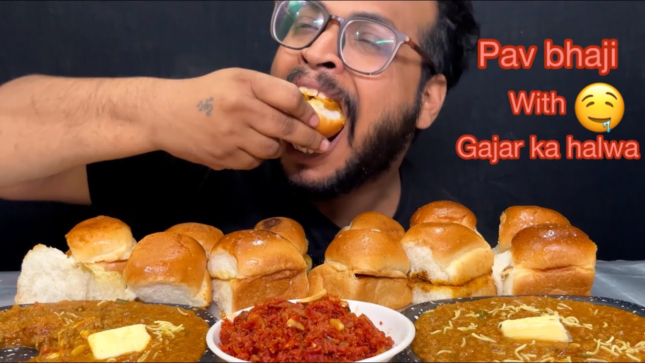 EATING SPICY🔥SPECIAL PAV BHAJI WITH INDIAN SWEET GAJAR KA HAJWA| WIFE SPECIAL RECIPE|INDIAN MUKBANG￼
