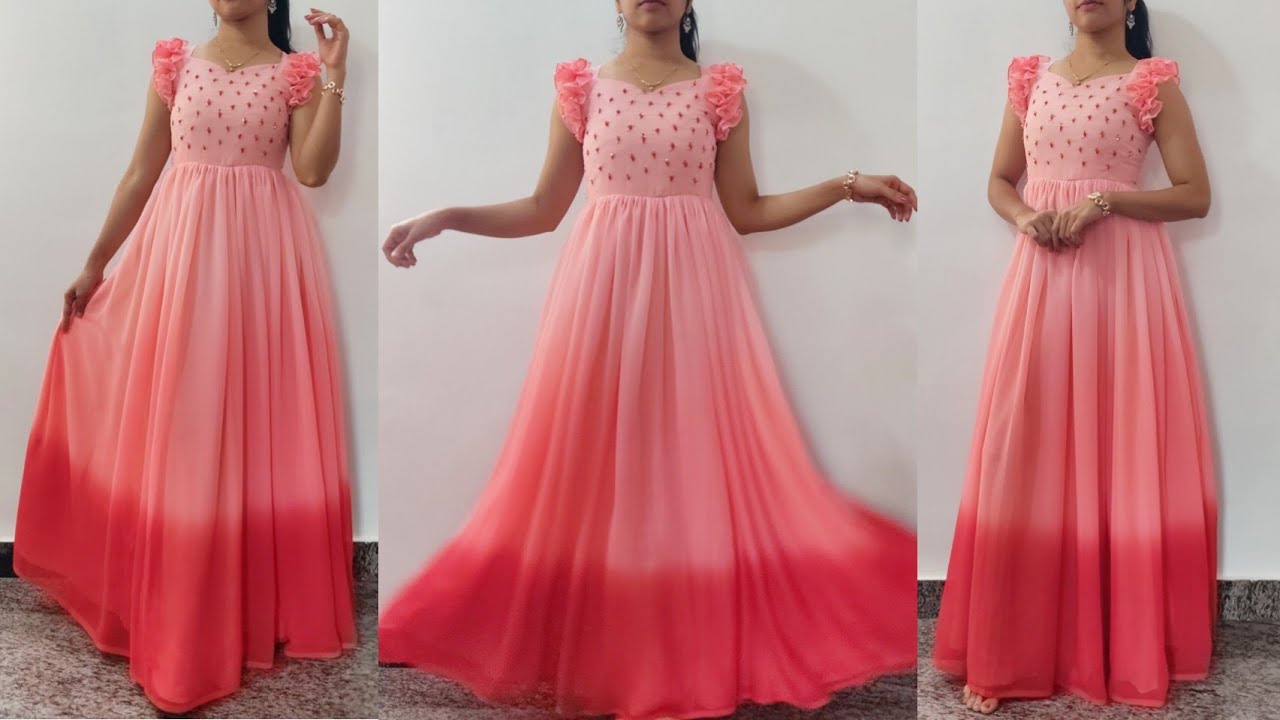 Very Easy Maxi Dress Cutting and Stitching || Long Gown with Frill Sleeves Cutting & Stitching