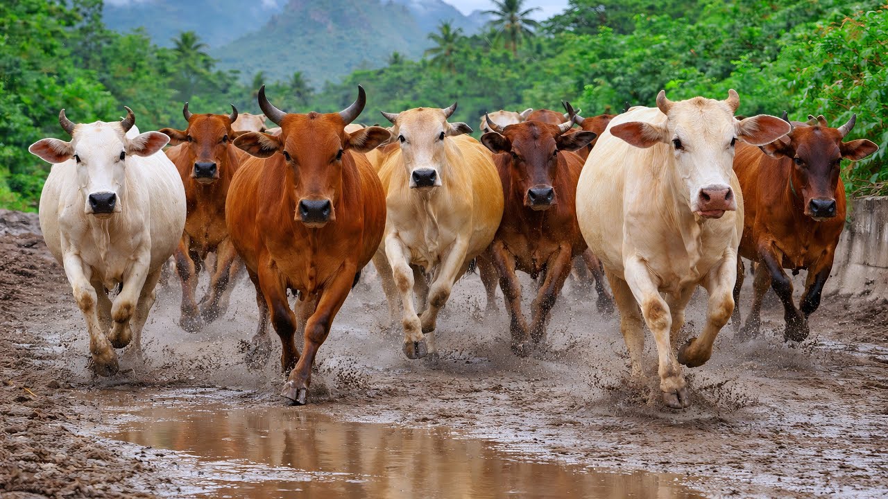 Gembala puluhan sapi lembu ternak berjalan teratur ketika memasuki area berlumpur di pedalaman hutan