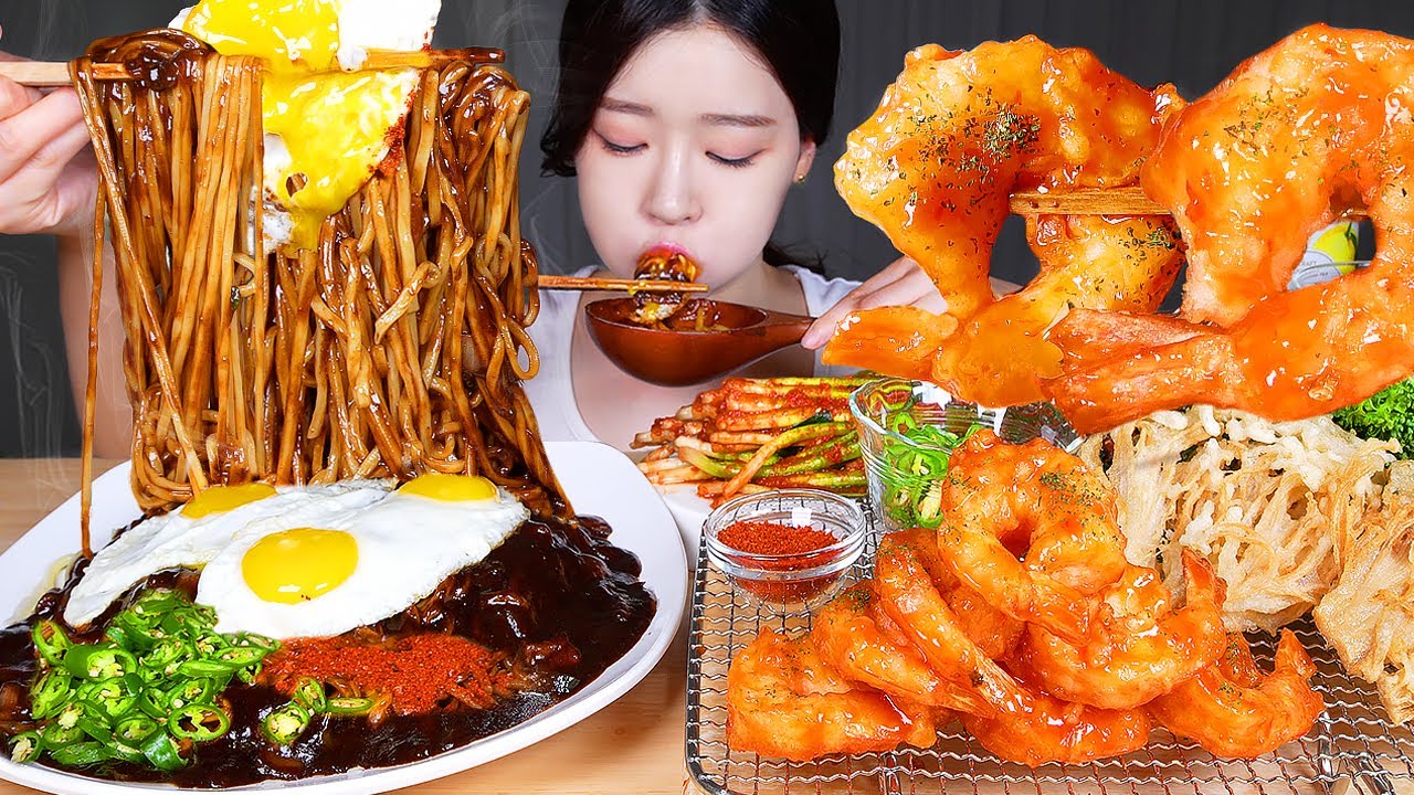 ASMR MUKBANG |  Домашние креветки чили 🍤❤️ Лапша с черной фасолью и кимчи с зеленым луком