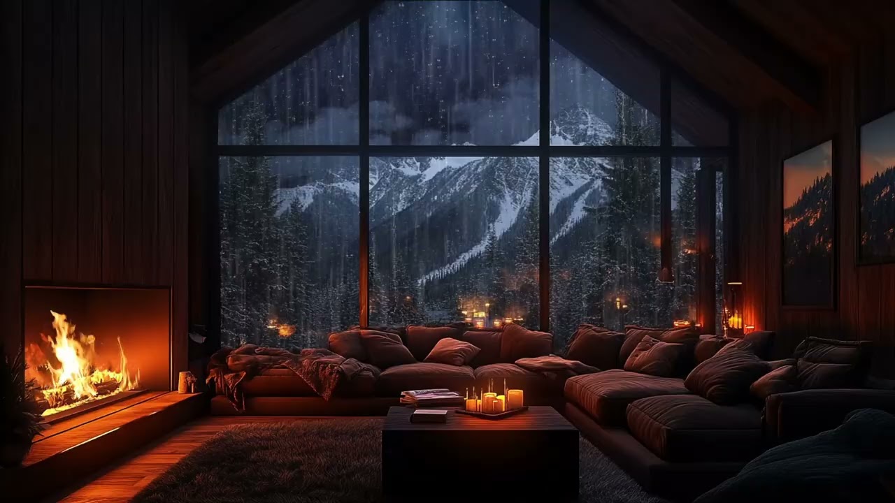 Stress Relief and Sleep Better with Heavy Rain and Fireplace Sounds in Cozy Living Room