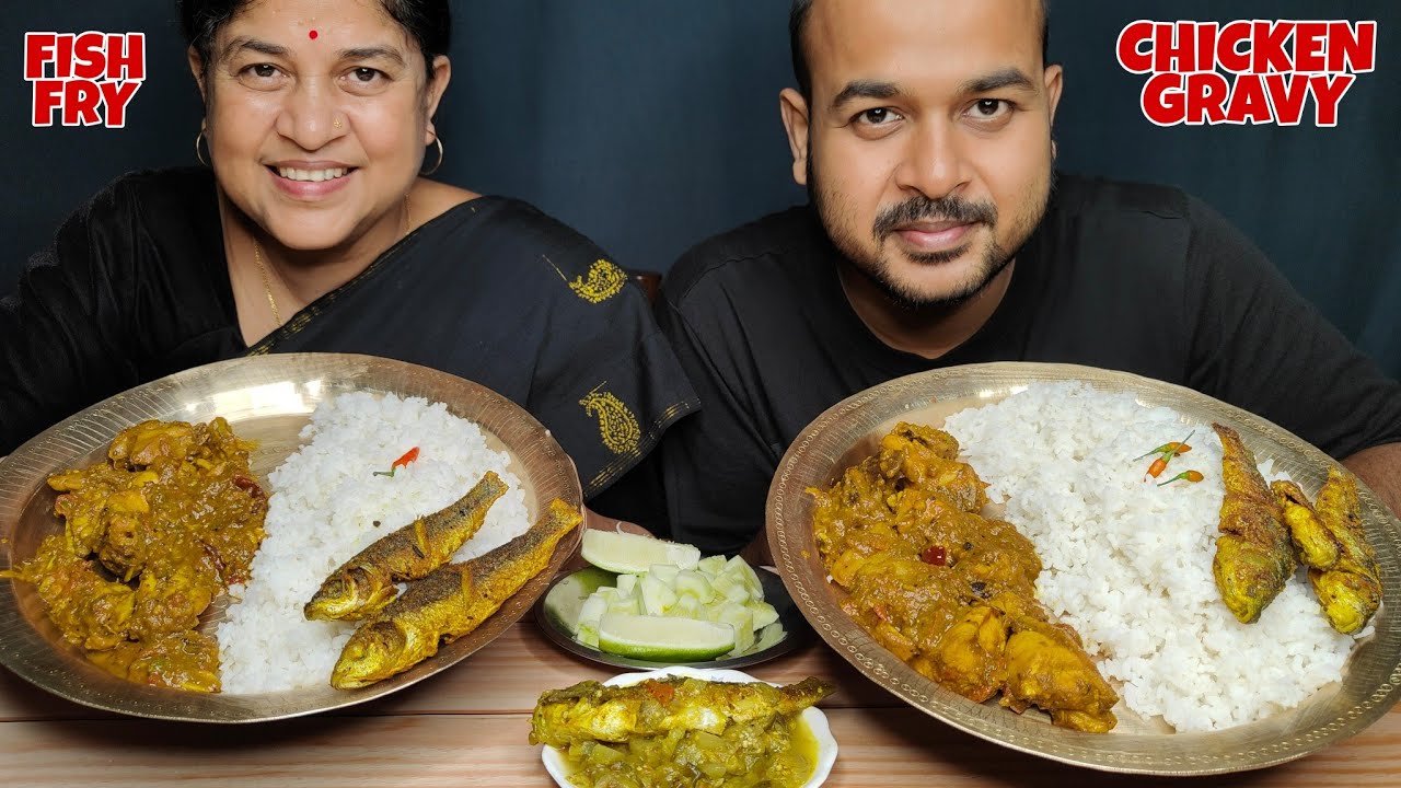 CHICKEN GRAVY,FISH CURRY,FISH FRY AND SALAD WITH RICE MUKBANG EATING SHOW