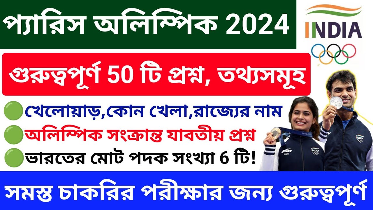প্যারিস অলিম্পিক 2024 সংক্রান্ত 50 টি প্রশ্ন | Paris Olympic 2024 Gk | Sports Current Affairs 2024