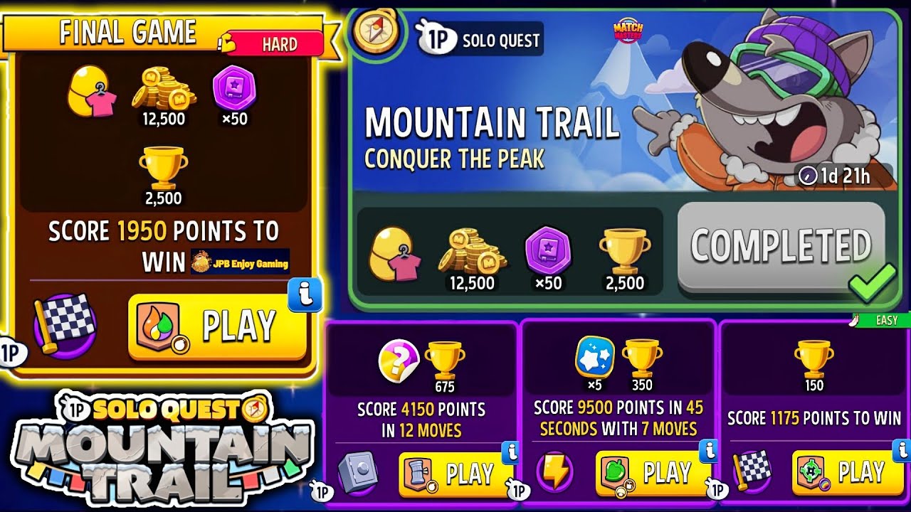 SOLO QUEST~MOUNTAIN TRAIL/4 SOLO/ Square Matches/ Jungle Jam/ Crazy Columns/ Hot Color+Bombs Away 
