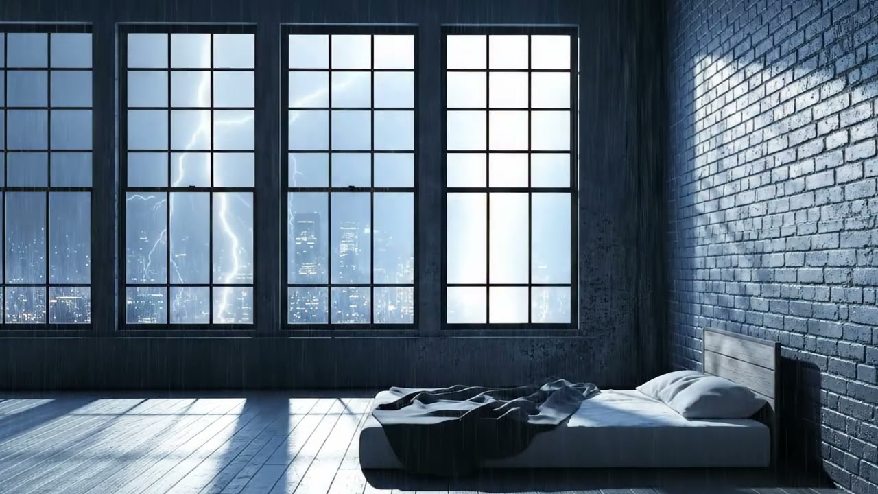 Industrial Loft Bedroom Thunderstorm ⚡ Heavy Rain on Warehouse Windows & Loud Thunder