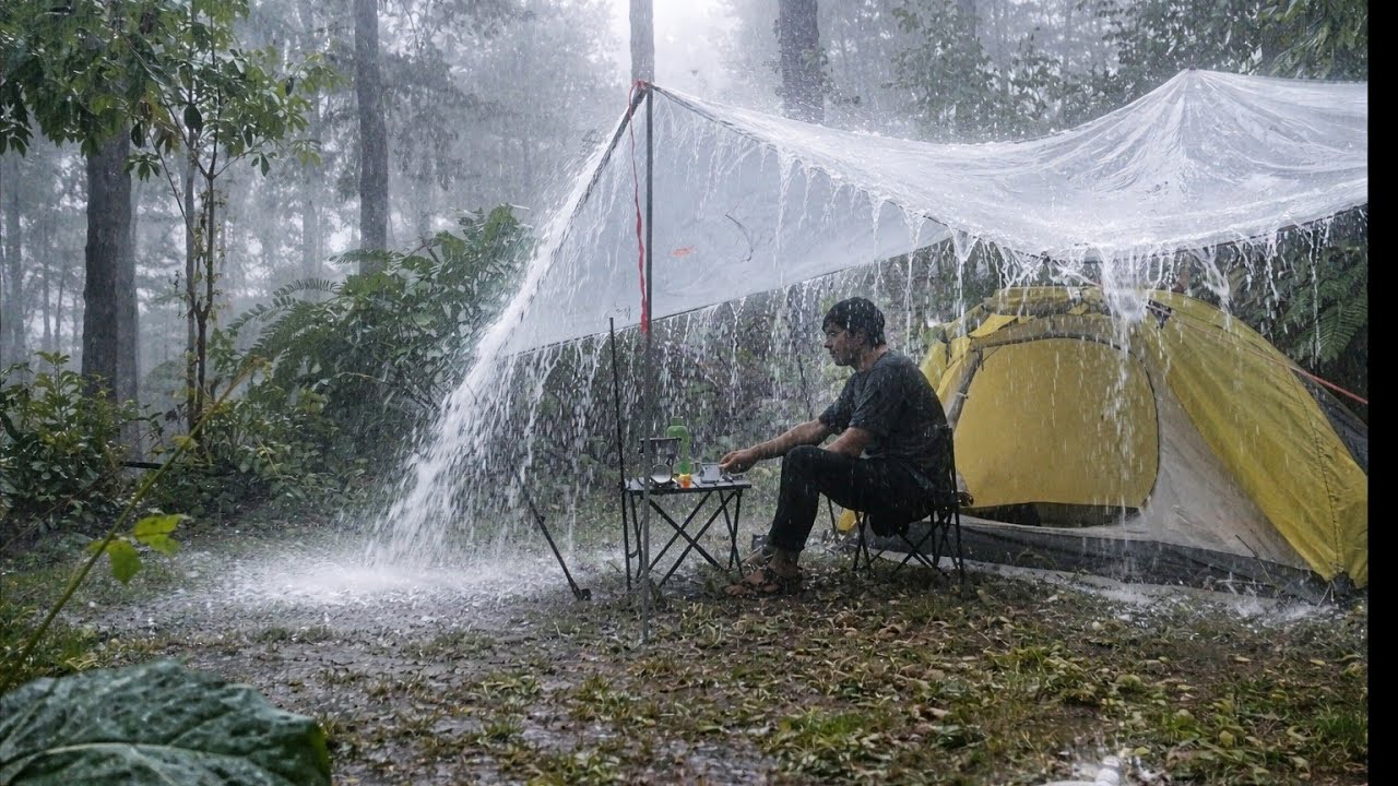 TRAPPED in a Violent Rainstorm – Extreme Solo Camping Under a Flooding Tarp in the Misty Forest
