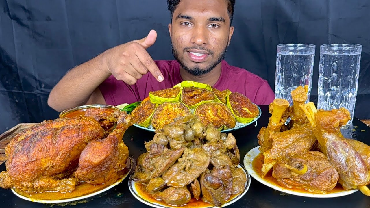 mutton curry, full chicken curry, chicken liver curry and brinjal fry with rice eating show, mukbang
