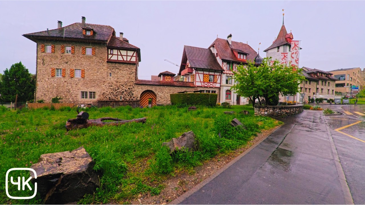 Rainy Walk Through Medieval Sempach, Switzerland / Old Town & Lake Stroll in Heavy Rain, 4K UHD