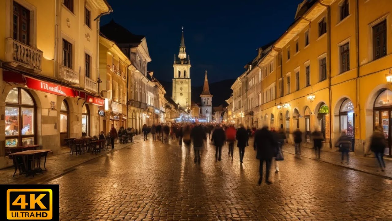 [4k] Saturday night walk in Brașov, Transylvania, Romania - The best Nightlife in the city