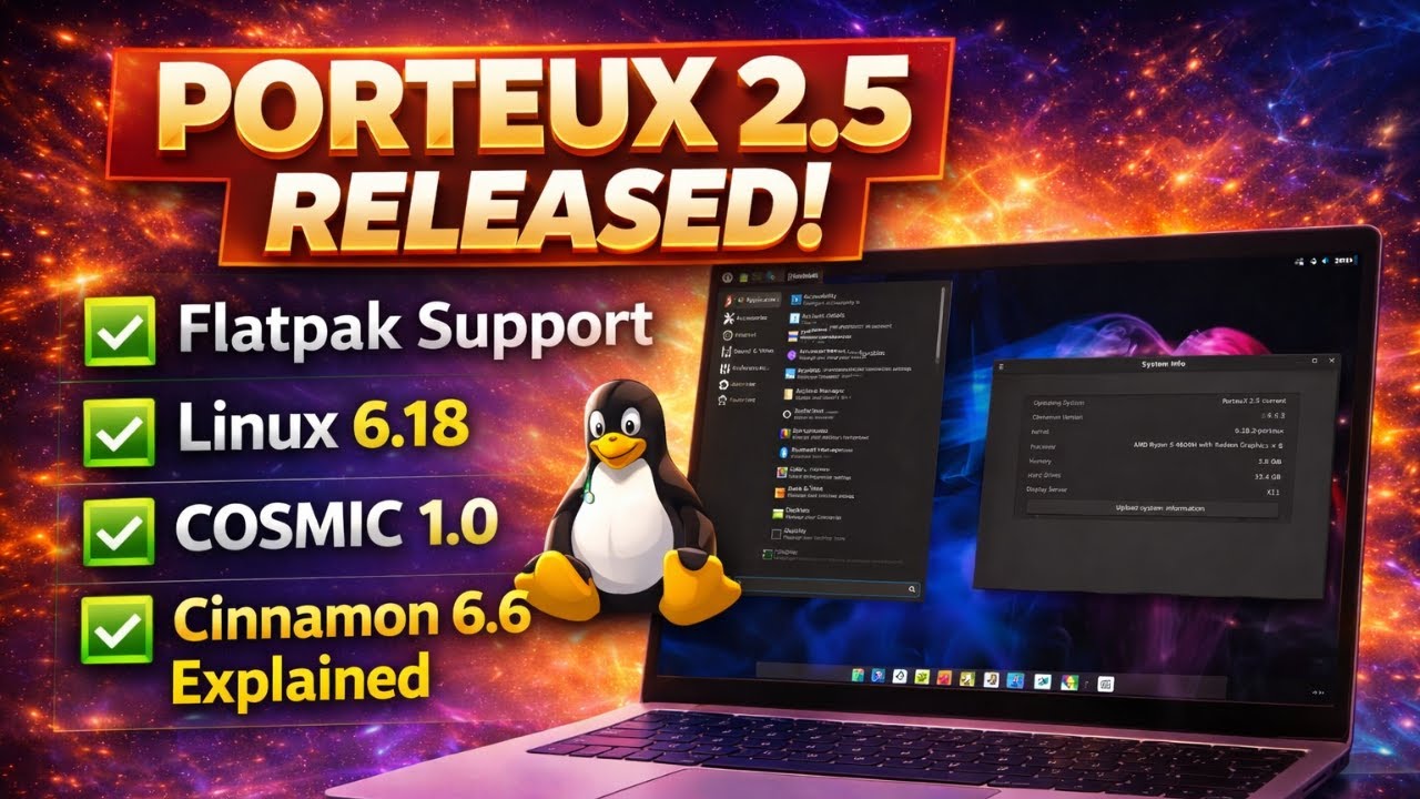 Вышла PorteuX 2.5! Поддержка Flatpak, Linux 6.18, COSMIC 1.0 и Cinnamon 6.6: подробное описание.
