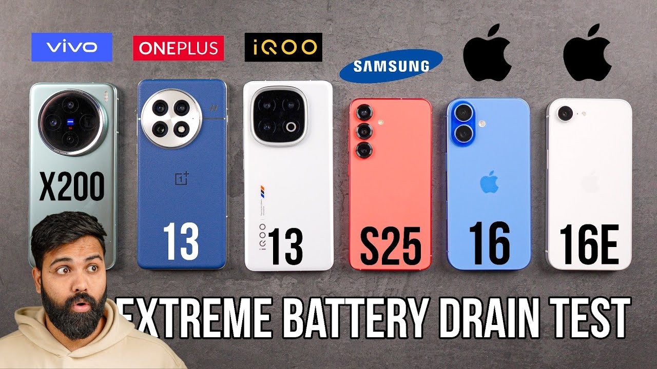 iPhone 16E vs iPhone 16 vs Samsung S25 vs Vivo X200 vs OnePlus 13 vs iQOO 13 - Battery Drain Test