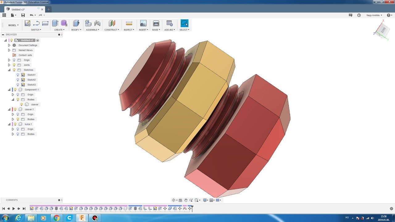 csavar modellez&eacute;se Fusion 360-ban