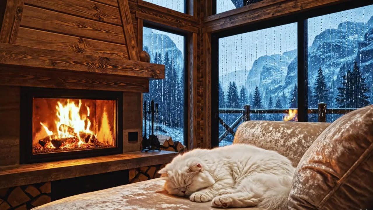 🌨️Warm Fireplace Glow in a Snowy Forest Cabin with Sleeping Cat Relaxing Ambience.