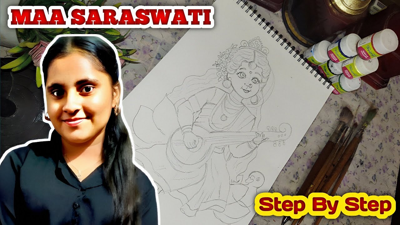 How to draw Maa Saraswati outline step by step #art #video #viral #trendingvideo #maasaraswati #like
