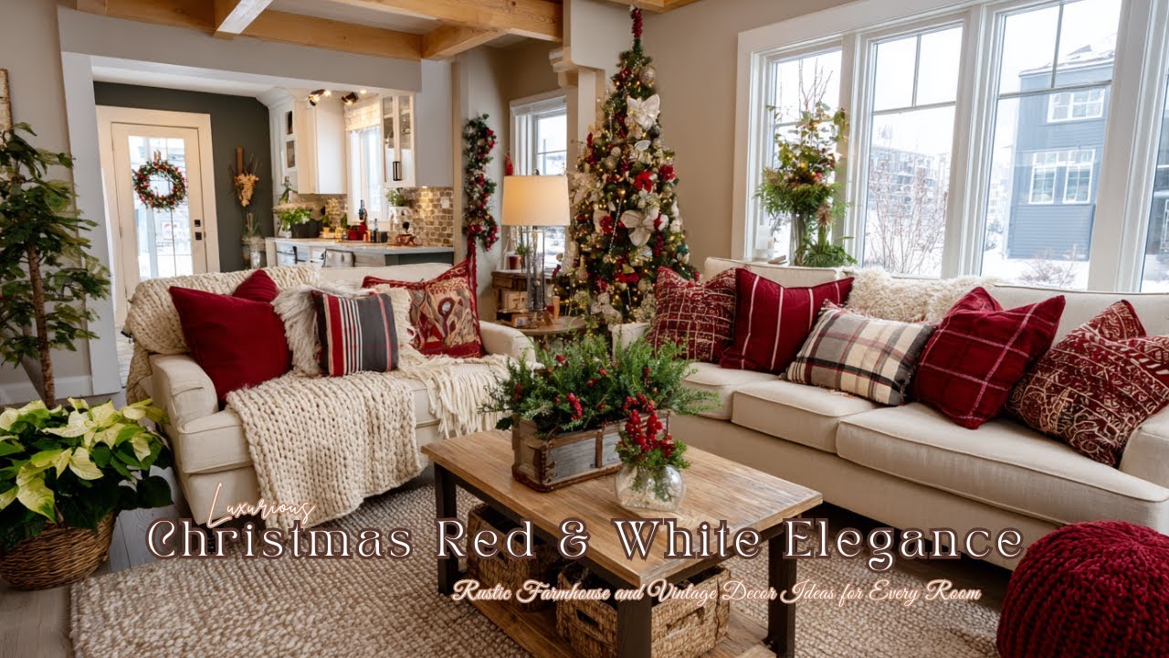 🎄Luxurious Christmas Red and White Elegance: Rustic Farmhouse and Vintage Decor Ideas for Every Room