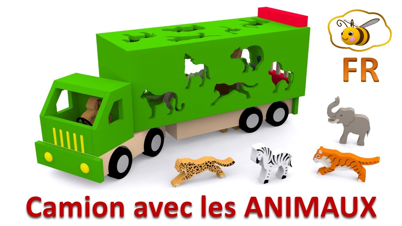 Apprends les animaux en fran&ccedil;ais. Camion et animaux sauvages. Dessin anim&eacute; pour enfants
