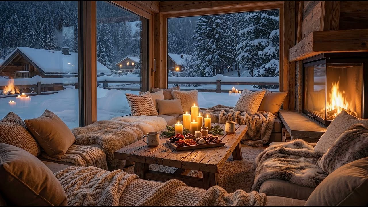 Modern Fireplace, Candlelight & Silent Snow Outside (No Music) | 4K