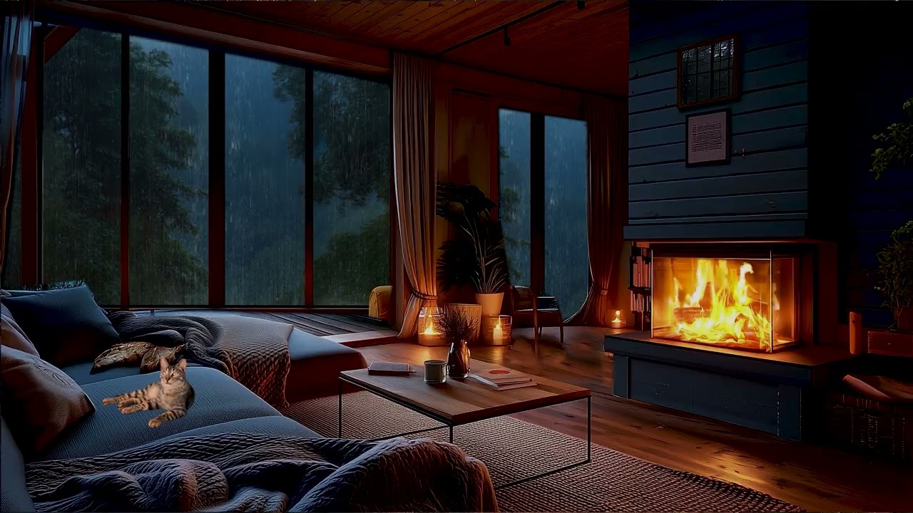 Cozy Autumn Cabin Ambience in the Woods 🍂 Rain Music & Fireplace Sounds for Peaceful Sleep