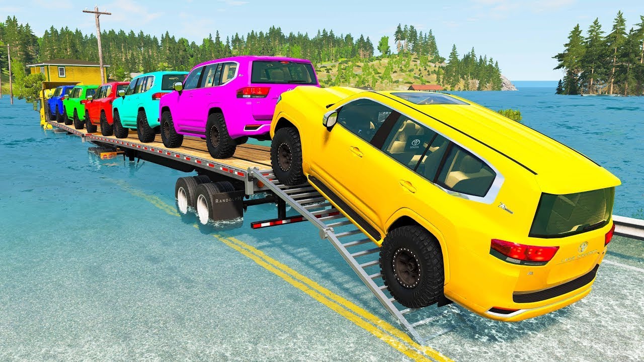 TRANSPORTING PIXAR CARS & FRUITS WITH COLORED & JOHN DEERE vs CLAAS vs TRACTORS - BeamNG.drive #983