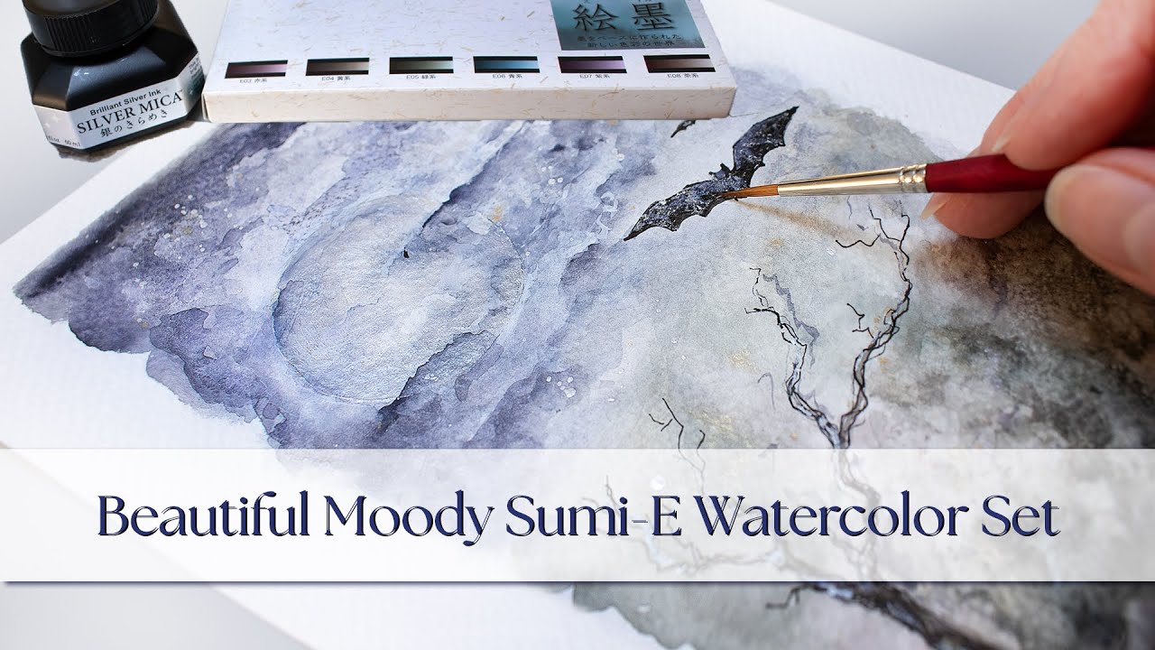 Testing Boku-Undo Sumi-E Shadow Black ink watercolor set & Kuretake Silver Mica ink