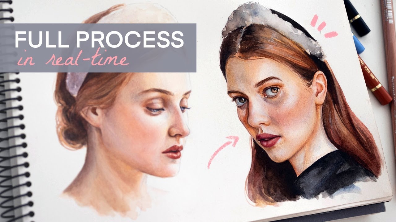 Real-time watercolor and colored pencils portrait study + Q&A: layers, hard edges, muddy colors...