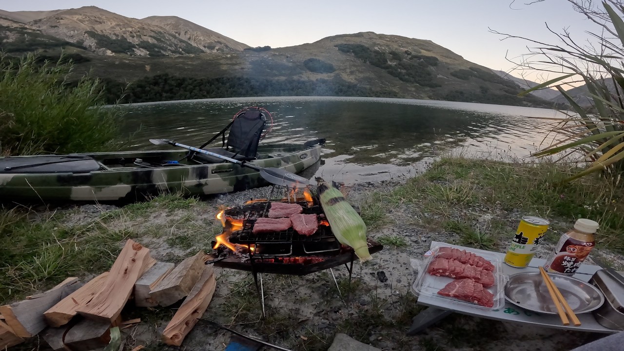 Solo Fishing and Camping, Bonfire BBQ and Breakfast at The Mountain Lake