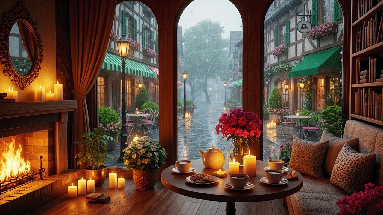 Relaxing Rainy Cafe with Gentle Piano and Warm Fireplace Sounds for Working and Studying