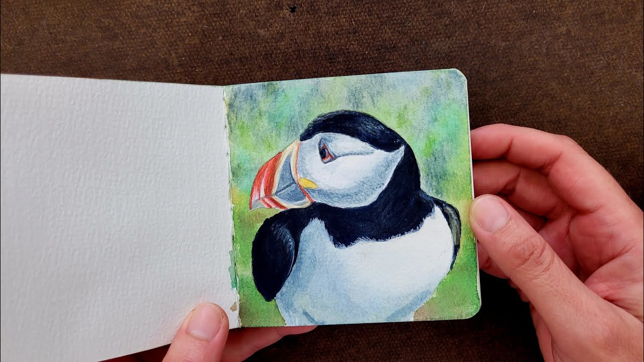 Arctic animals | How to paint Puffin with watercolors | Mini sketchbook art