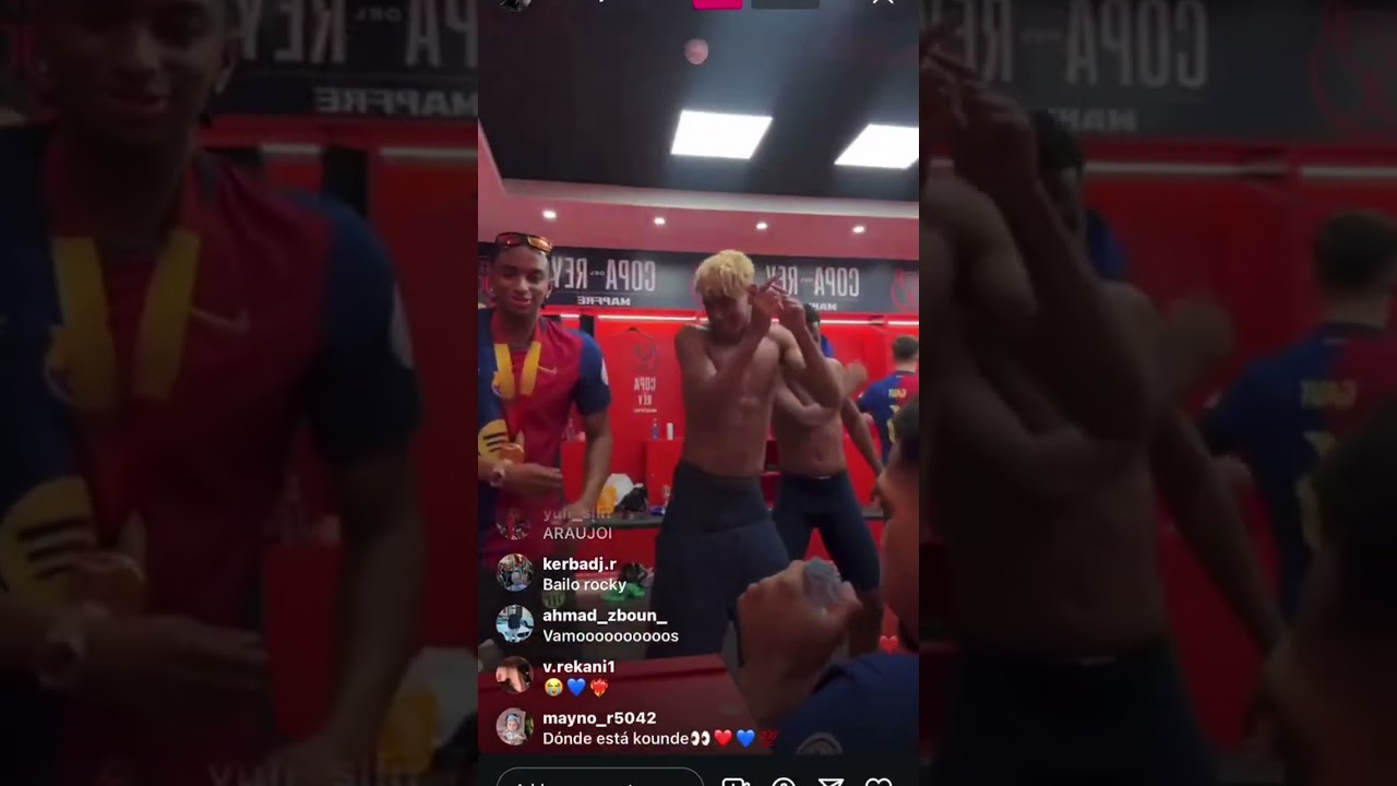 Barcelona players headed by lamine yamal dancing after defeating Real Madrid in Copa de lay final