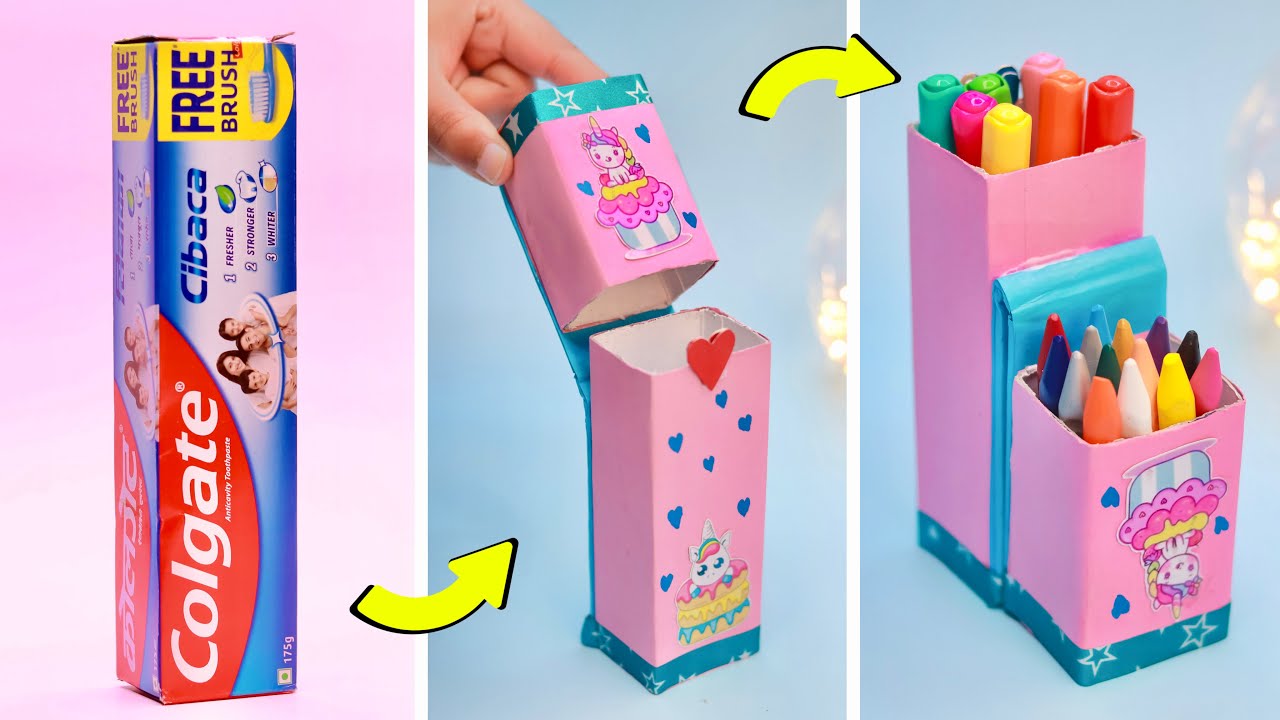 How to make pencil box from waste Colgate box || DIY unicorn pencil box and pen holder